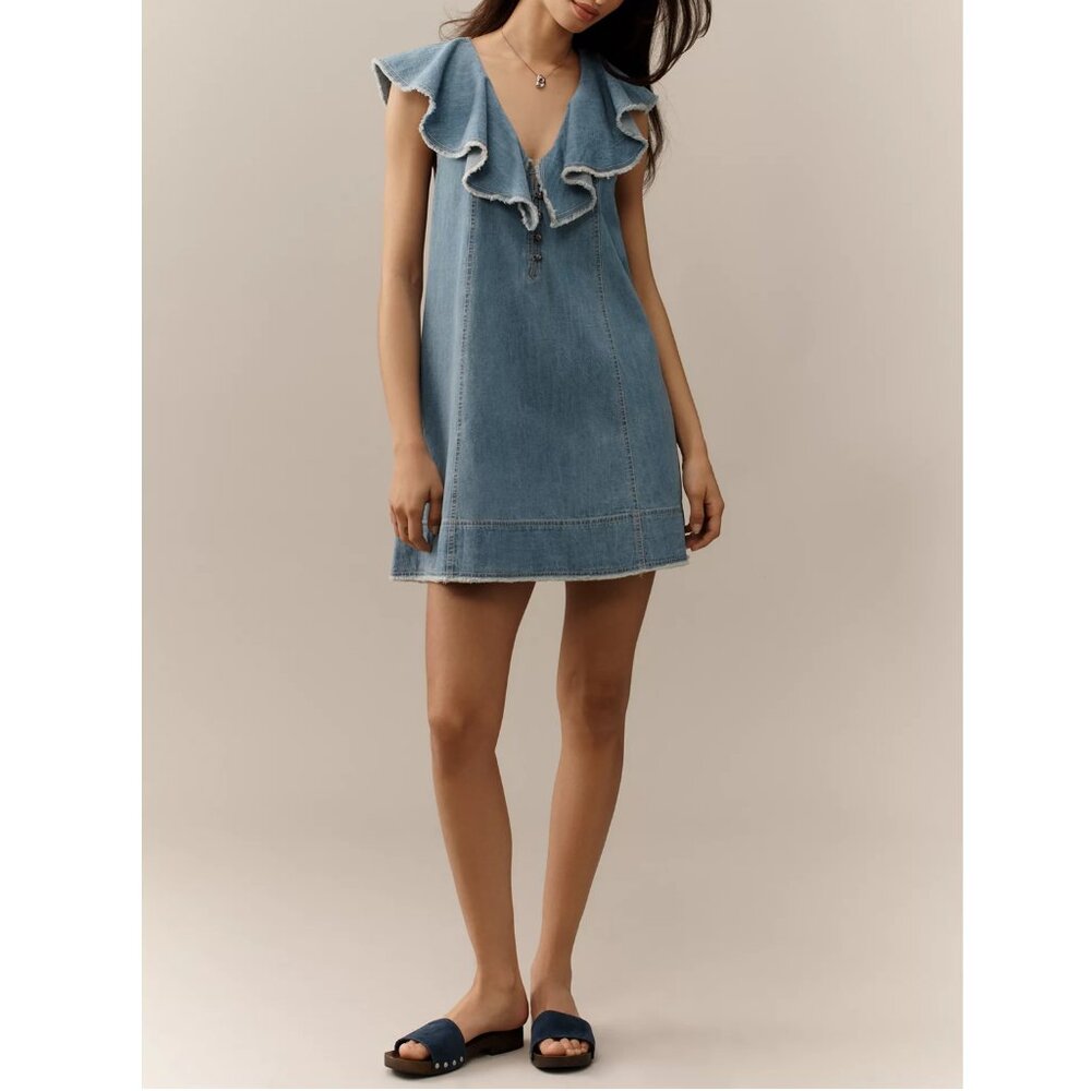 Anthropologie Pilcro V-Neck Ruffle Denim Sailor Mini Dress M